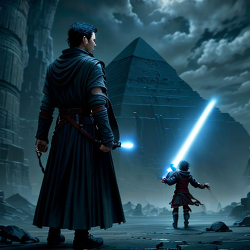 two people in a dark room with a light saber in their hand and a pyramid in the background with clouds