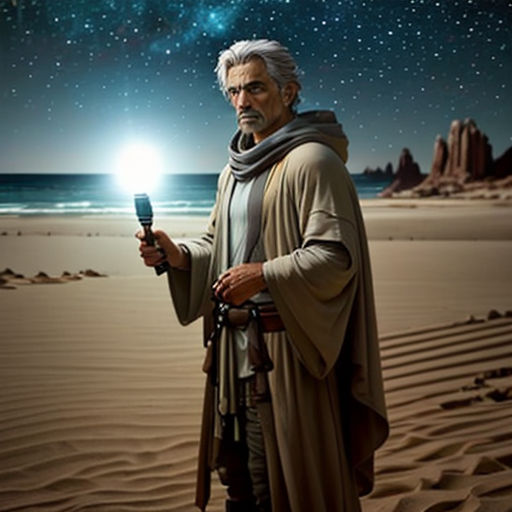 a man in a robe holding a light saber in the desert with a star filled sky behind him and a star filled sky with stars
