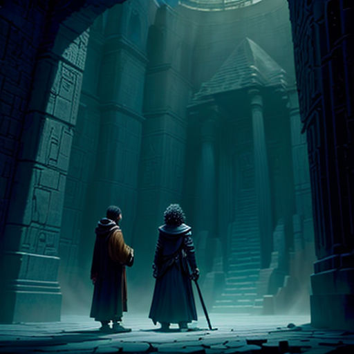 two people standing in a dark room with a clock on the wall and a light shining down on them
