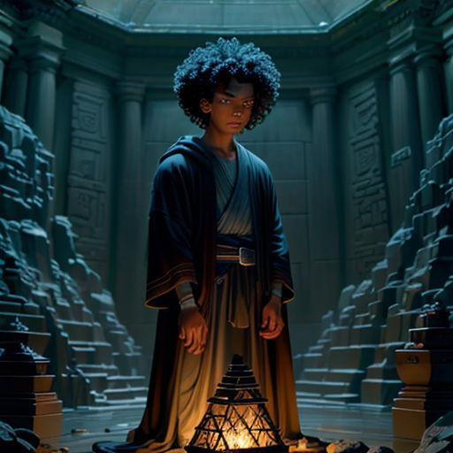 a young man standing in a room with a lantern in his hand and a star wars outfit on his shoulders