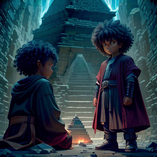 two children in a dark castle with stairs and a pyramid in the background, one of them is looking at the other