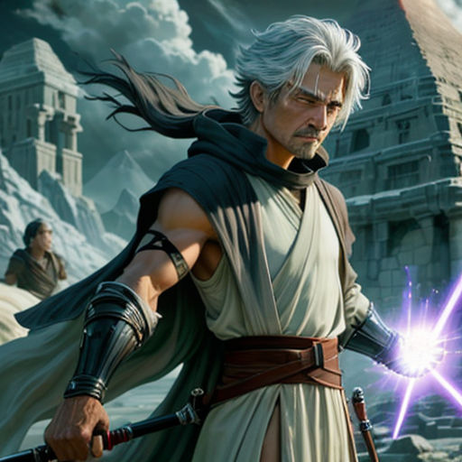 a man in a star wars outfit holding a sword and a sword in his hand with a star wars theme in the background