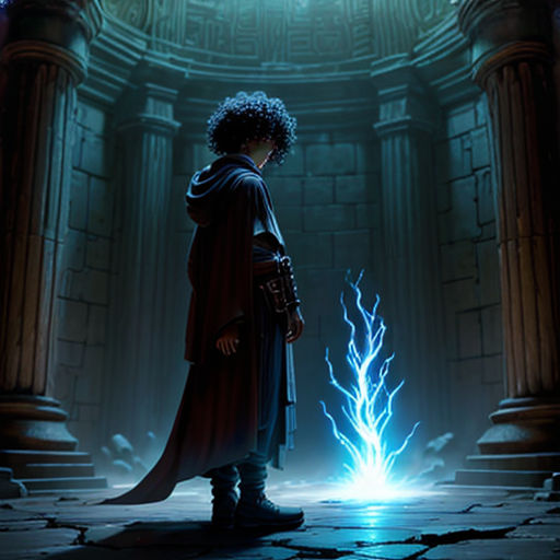 a man standing in front of a doorway with a light shining on it's face and a blue flame coming out of his chest