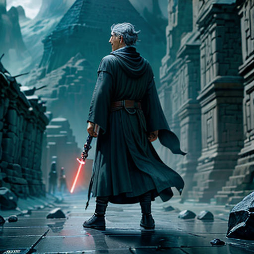 a man in a dark knight outfit standing in a dark alley with a light saber in his hand and a dark castle in the background