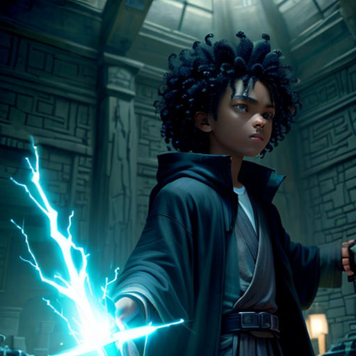 a young man holding a sword in a dark room with lightning coming out of it and a woman in a black coat