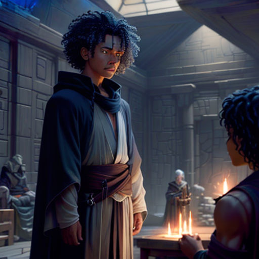 a woman in a star wars outfit talking to a man in a room with a table and chairs in front of her