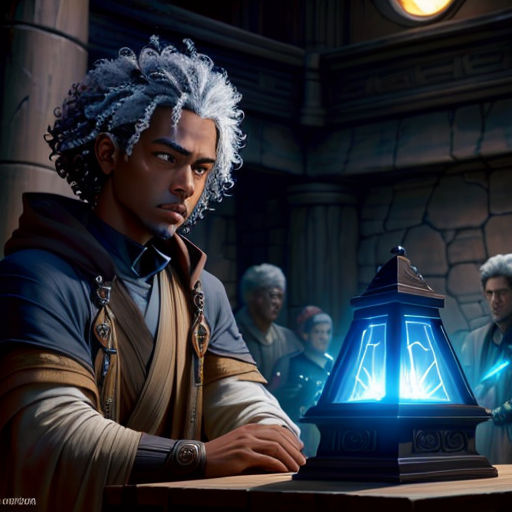 a man with white hair and a beard is looking at a lamp in a room with other people around him