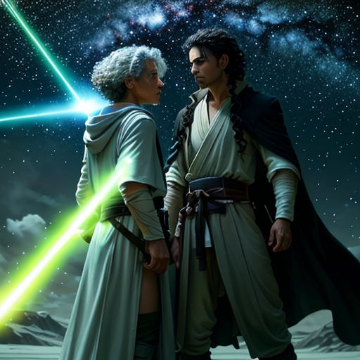 a couple of people standing next to each other in front of a sky filled with stars and a star