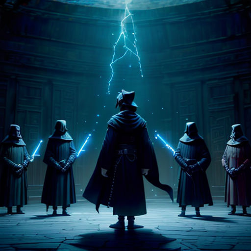 a group of people standing in front of a lightning bolt in a dark room with a sky background and a large circle of lights