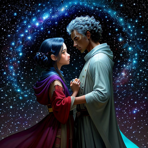 a man and woman standing in front of a star filled sky with stars in the background and a blue sky with stars
