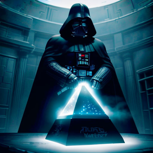 a poster of darth vader with a pyramid in the foreground and a light saber in the background