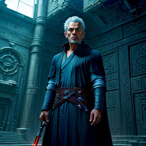 a man in a star wars outfit holding a sword in a building with a staircase and a skylight