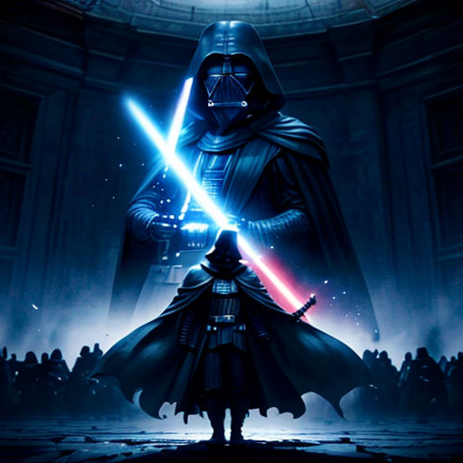 a poster of darth vader standing in front of a crowd of people in a dark room with a light saber