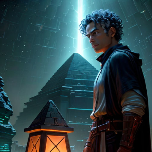 a man standing next to a lantern in a dark room with a sky background and a pyramid in the background