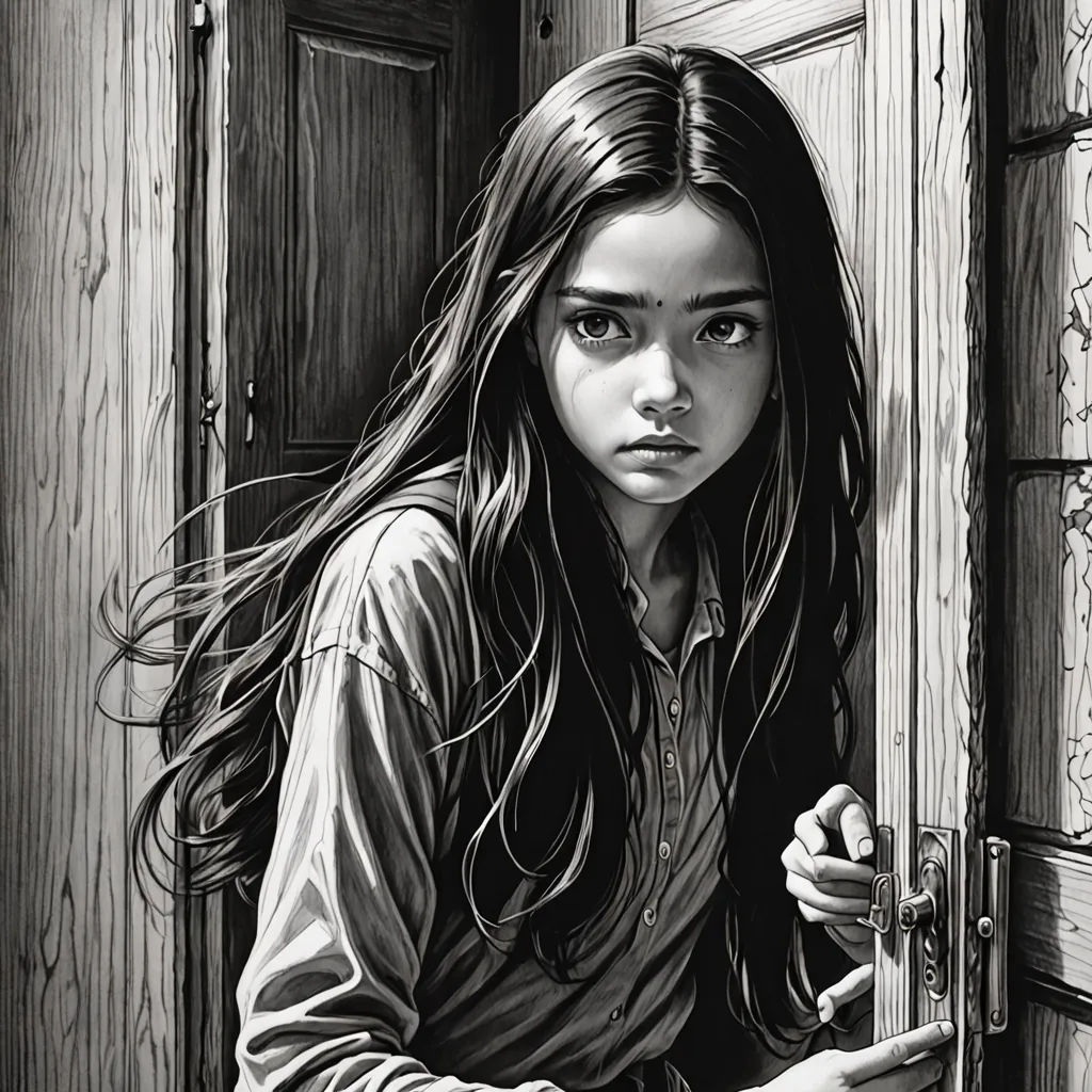 a drawing of a girl holding a door handle and looking at the camera with a serious look on her face, hyperrealism, an ultrafine detailed painting, David Palumbo, stanley artgerm lau