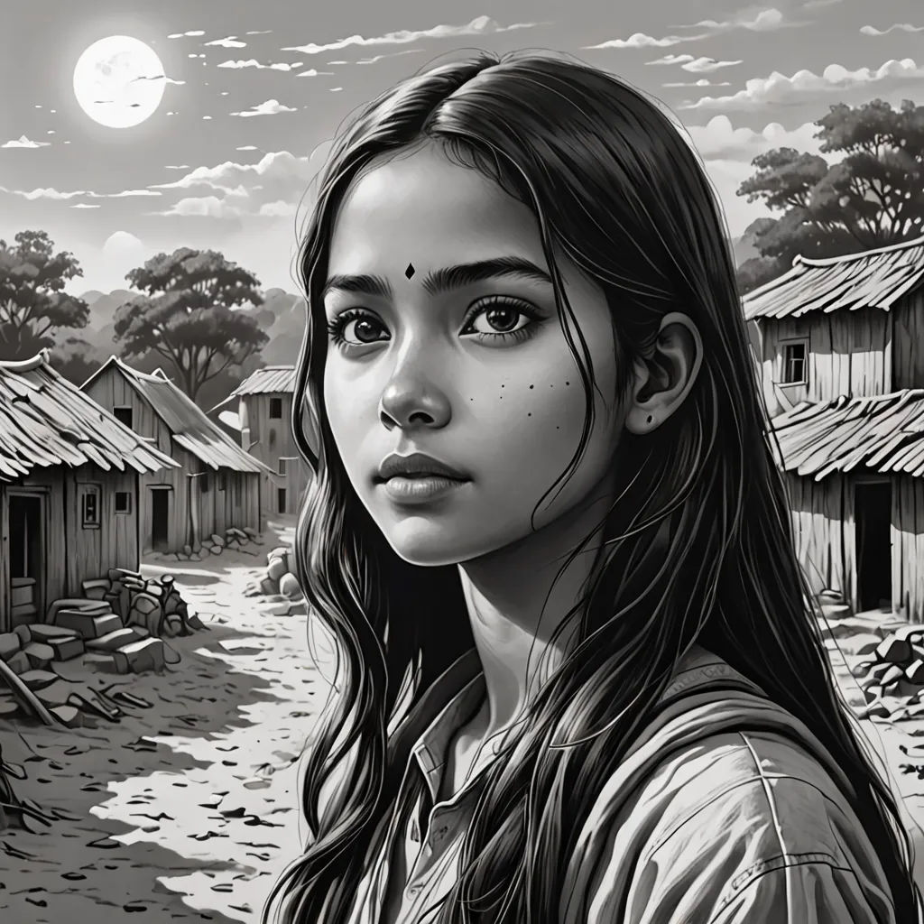 a girl standing in front of a village with a full moon in the background and a black and white drawing of a girl, magical realism, an ultrafine detailed painting, Brad Kunkle, comic cover art