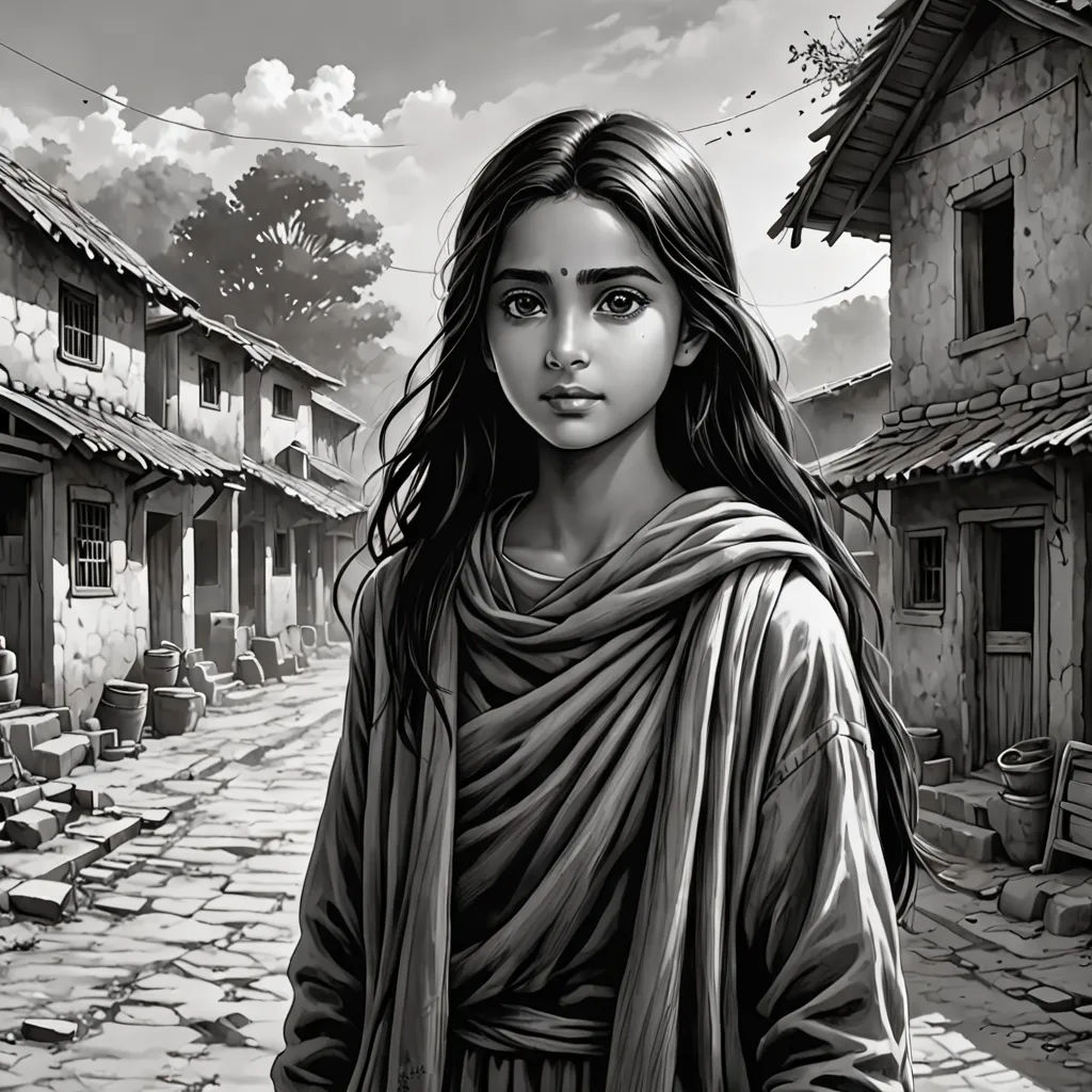 a woman standing in a street with a building in the background and a sky in the background with clouds, samikshavad, a storybook illustration, Ella Guru, official art