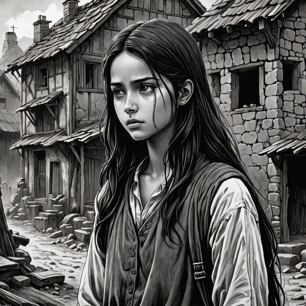 a girl standing in front of a village with a horse and a man behind her, in a black and white drawing, fantasy art, a character portrait, Dirk Crabeth, comic cover art