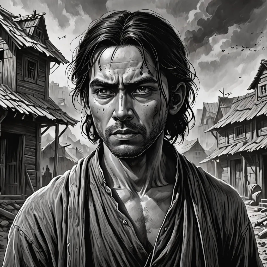 a man with a beard and a robe on standing in front of a village with a bird flying overhead, serial art, a character portrait, Andrey Yefimovich Martynov, graphic novel