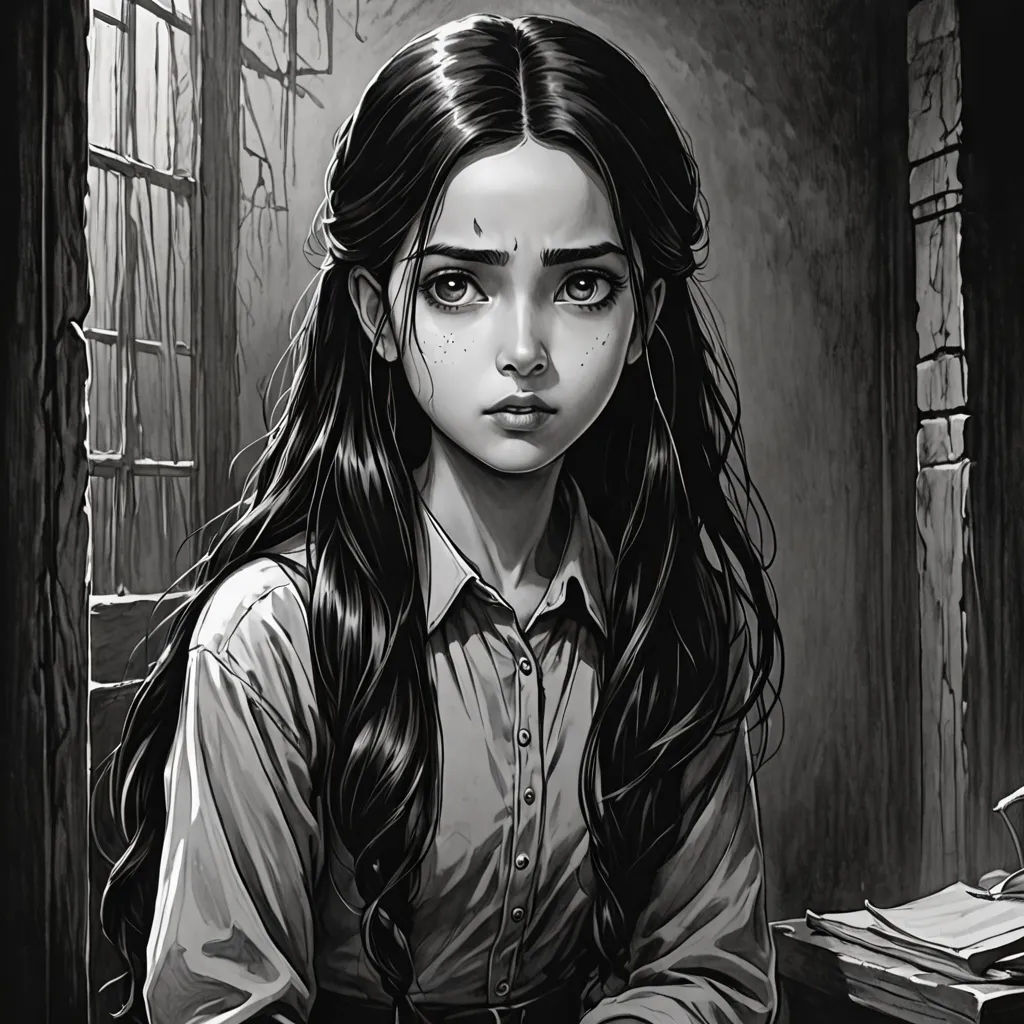 a girl with long hair sitting at a desk in a room with a window and a book on it, gothic art, a character portrait, Charlie Bowater, stanley artgerm lau