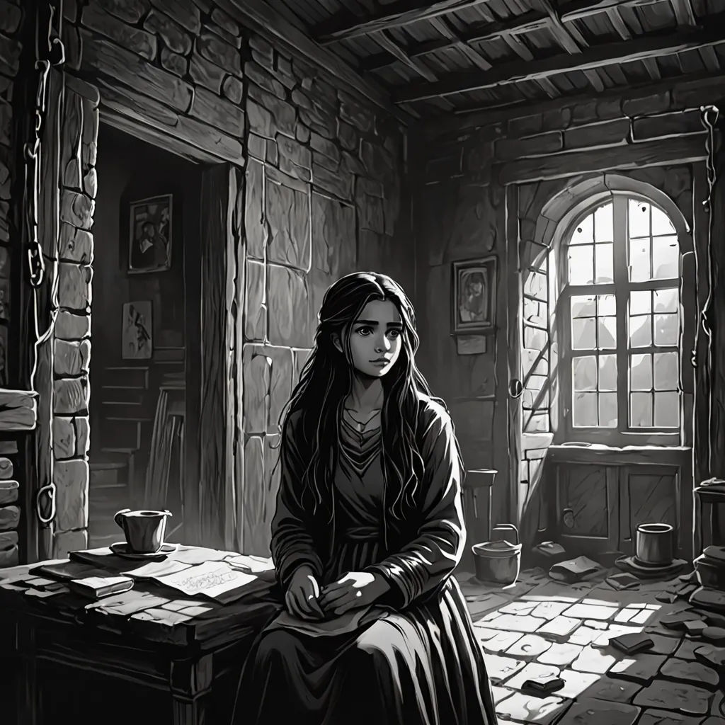 a woman sitting at a table in a room with a window and a book on it's desk, fantasy art, a storybook illustration, Chris Rallis, storybook illustration