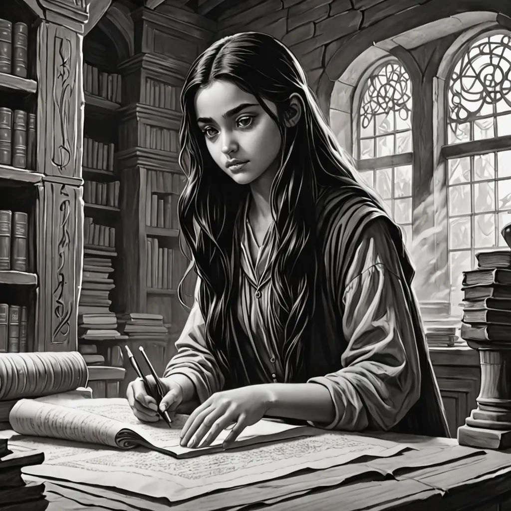 a woman sitting at a table with a book and pen in her hand and a book on the table, fantasy art, a storybook illustration, Charlie Bowater, magic the gathering artwork