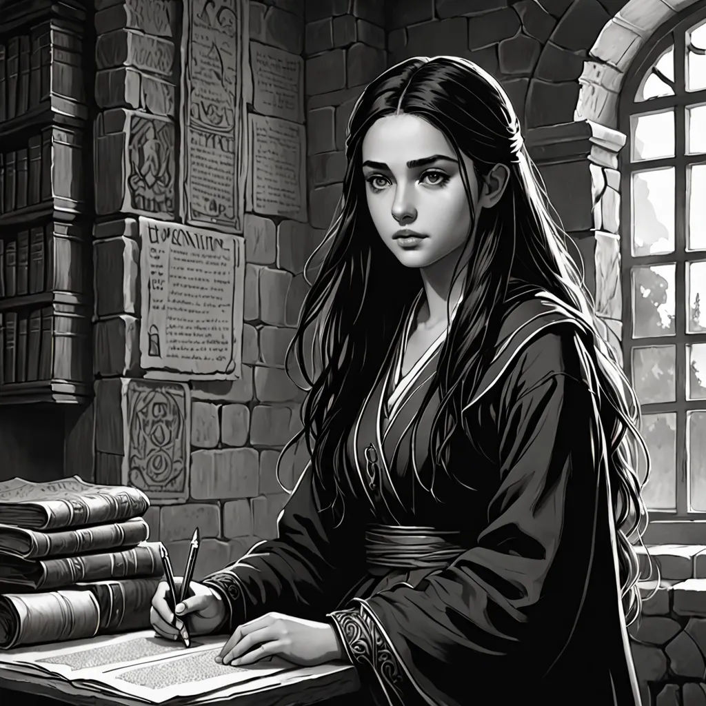 a woman in a black and white photo writing on a desk with books and a window behind her and a bookcase, fantasy art, a storybook illustration, Chris Rallis, epic fantasy character art