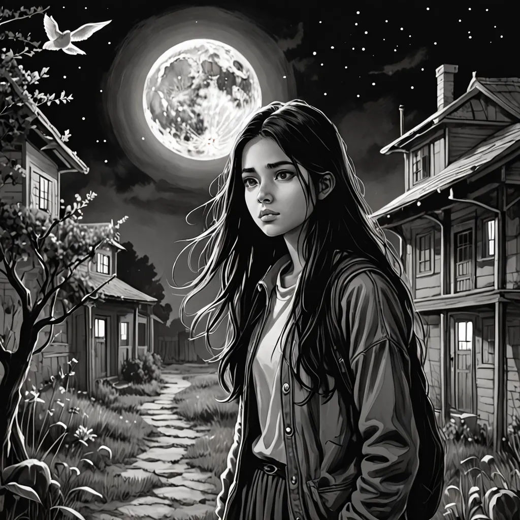 a girl standing in front of a full moon with a bird flying over her shoulder and a house in the background, gothic art, a storybook illustration, Dirk Crabeth, comic cover art