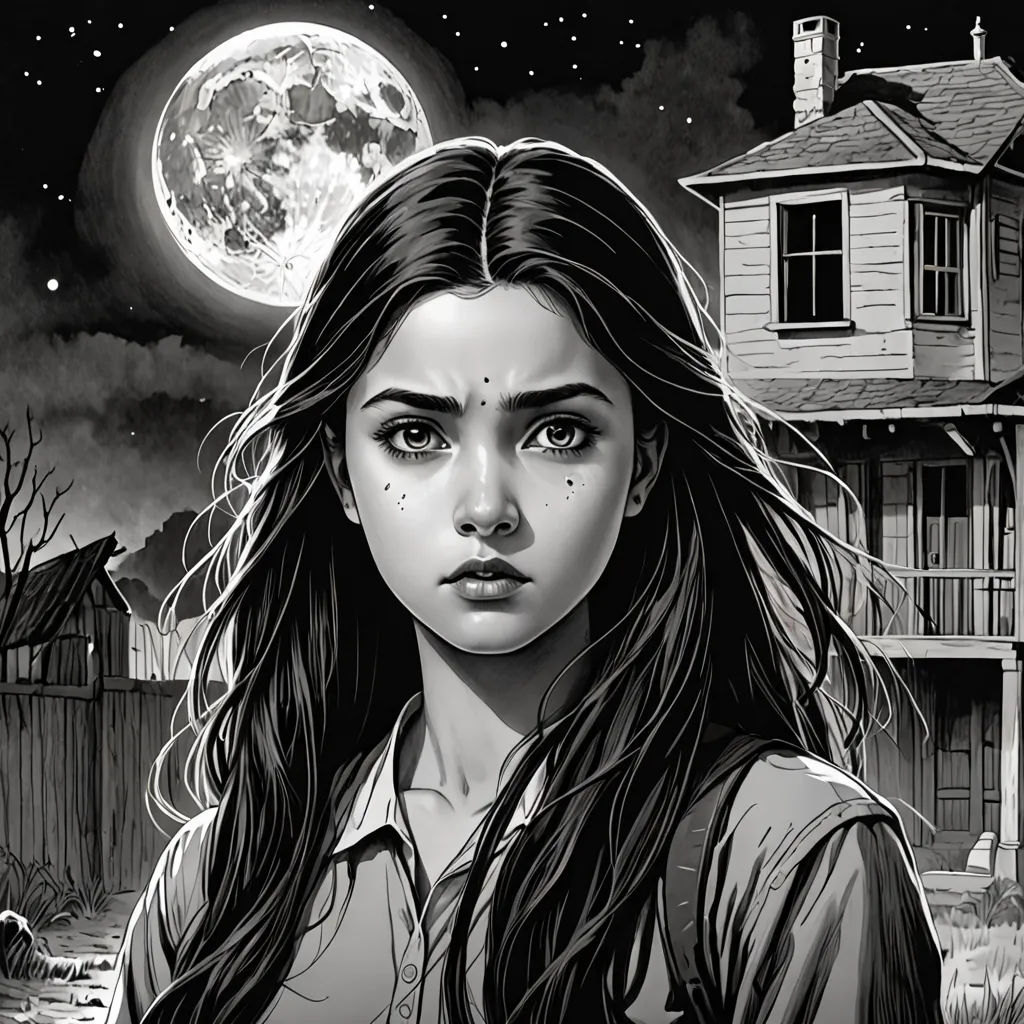 a girl with long hair standing in front of a house with a full moon in the background and a full moon in the sky, gothic art, a comic book panel, Dirk Crabeth, comic cover art