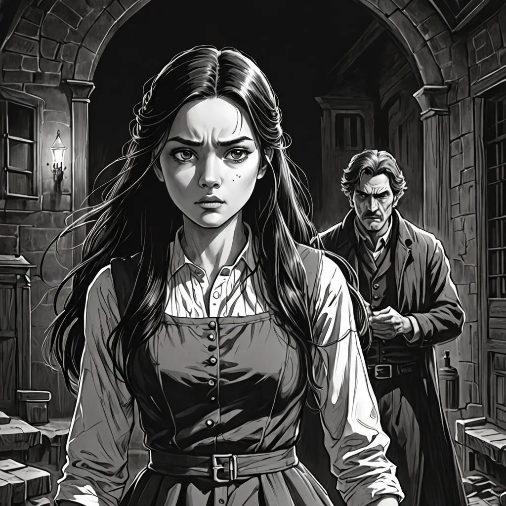 a woman in a dress standing next to a man in a doorway with a knife in her hand and a knife in her hand, gothic art, a comic book panel, Edgar Ainsworth, comic cover art