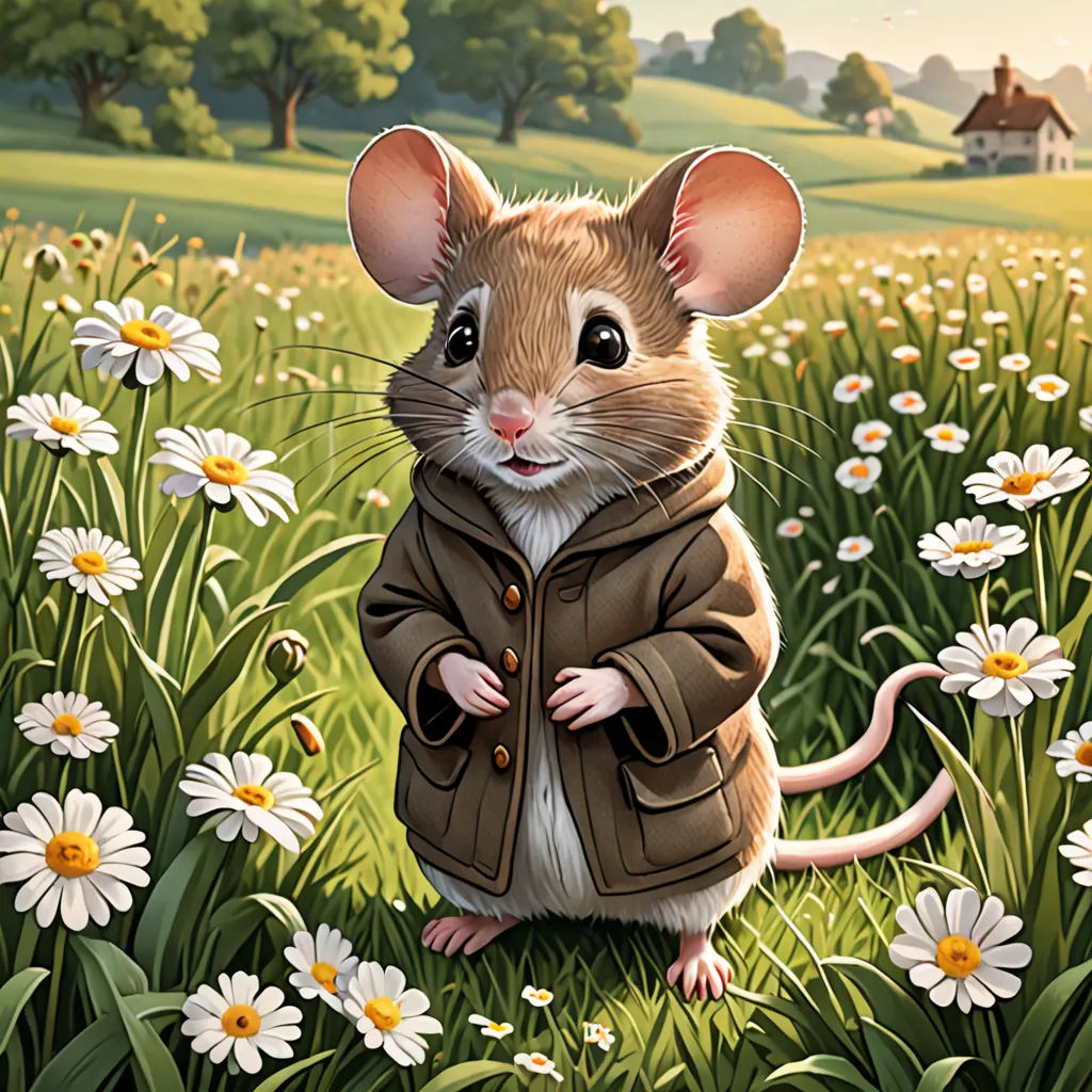 a painting of a mouse in a field of daisies and daisies with a house in the background, furry art, a character portrait, Chris LaBrooy, official art