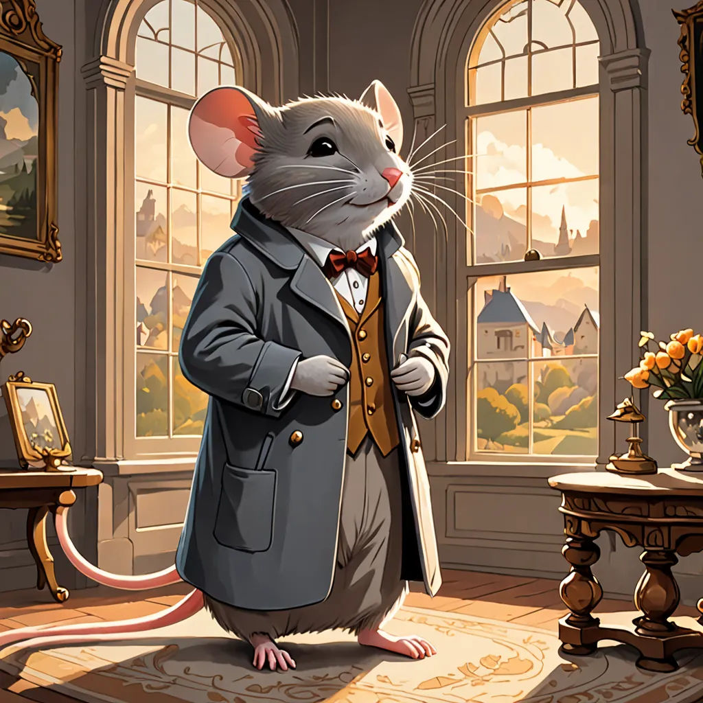 a mouse in a suit standing in a room with a window and a table with a vase of flowers, sots art, a character portrait, Chris LaBrooy, kinkade