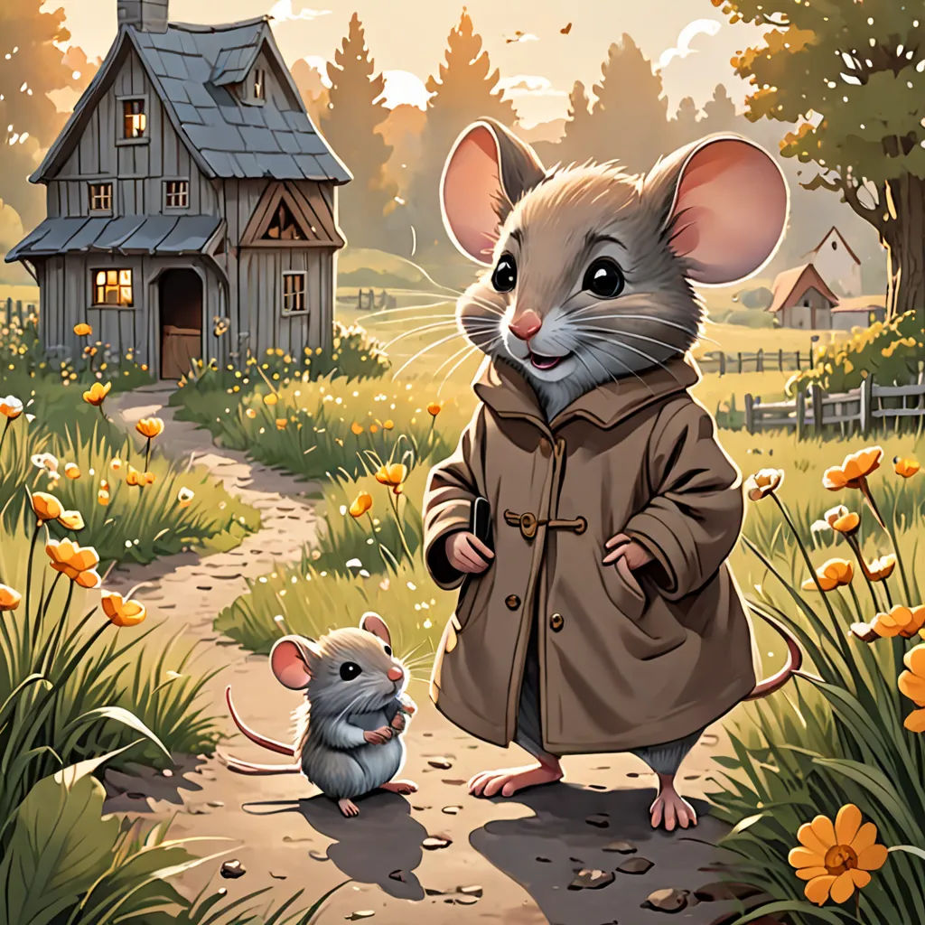 a mouse and a house in a field of flowers and grass with a path leading to it and a person in a coat, altermodern, a storybook illustration, Chris LaBrooy, kinkade