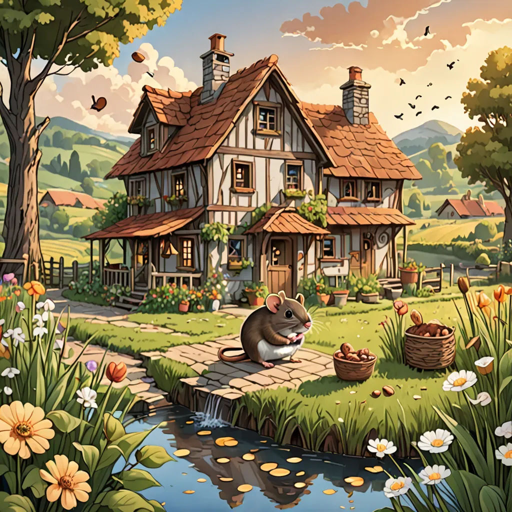 a painting of a mouse sitting on a stone walkway in front of a house with a pond and flowers, fantasy art, a storybook illustration, Chris LaBrooy, kinkade