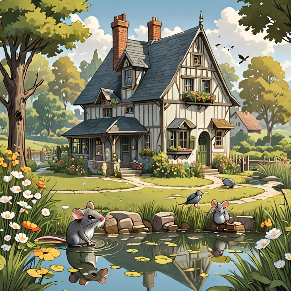 a painting of a house with a pond and a mouse in front of it and a bird on the pond, fantasy art, a storybook illustration, Chris LaBrooy, kinkade