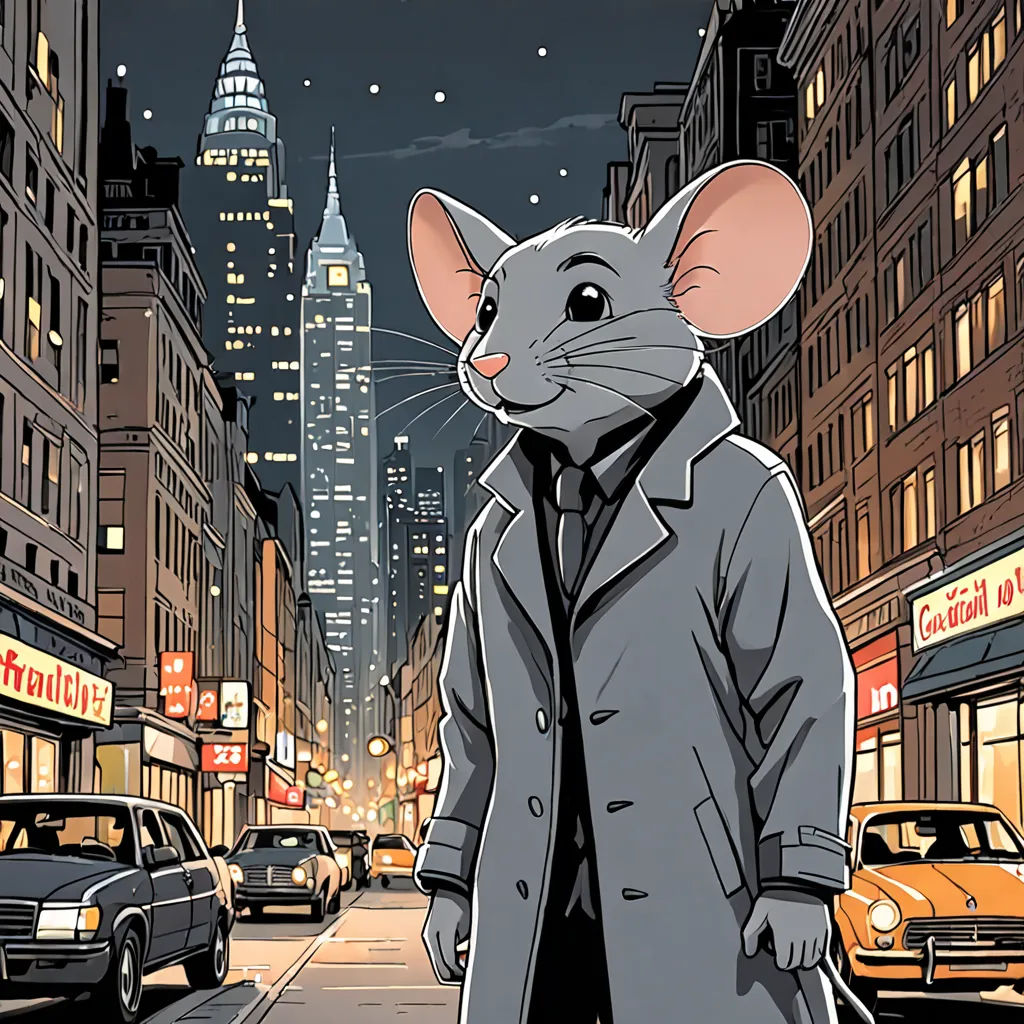 a cartoon of a man in a trench coat and a rat in a suit on a city street at night, underground comix, a comic book panel, Art Spiegelman, comic cover art