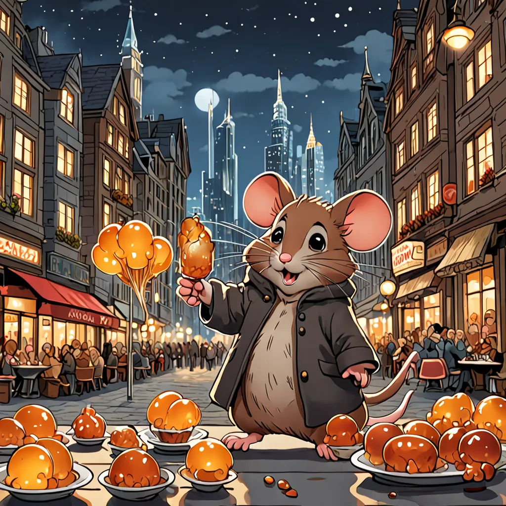 a cartoon mouse holding a bunch of oranges in a city street at night with a cityscape in the background, fantasy art, a storybook illustration, Chris LaBrooy, official art