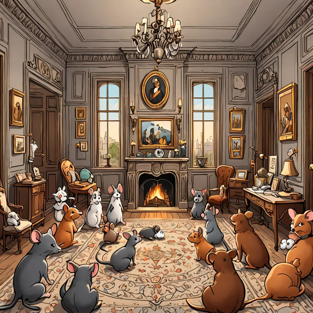 a group of mice sitting around a living room with a fireplace and a chandelier above it, all looking at the same person, serial art, a storybook illustration, Beatrix Potter, storybook illustration
