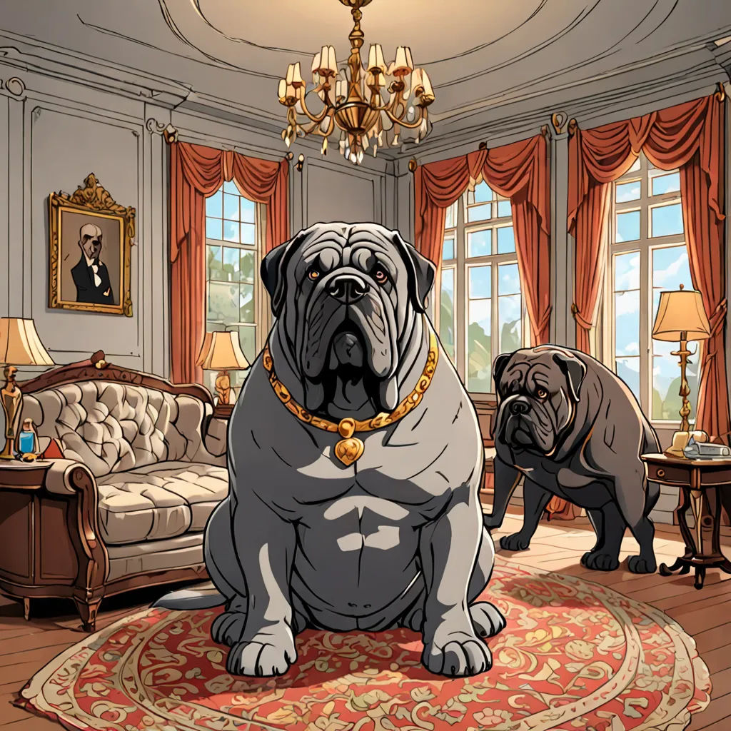 a dog sitting on a rug in a room with a chandelier and two dogs standing in the background, neoclassicism, a comic book panel, Altoon Sultan, official art