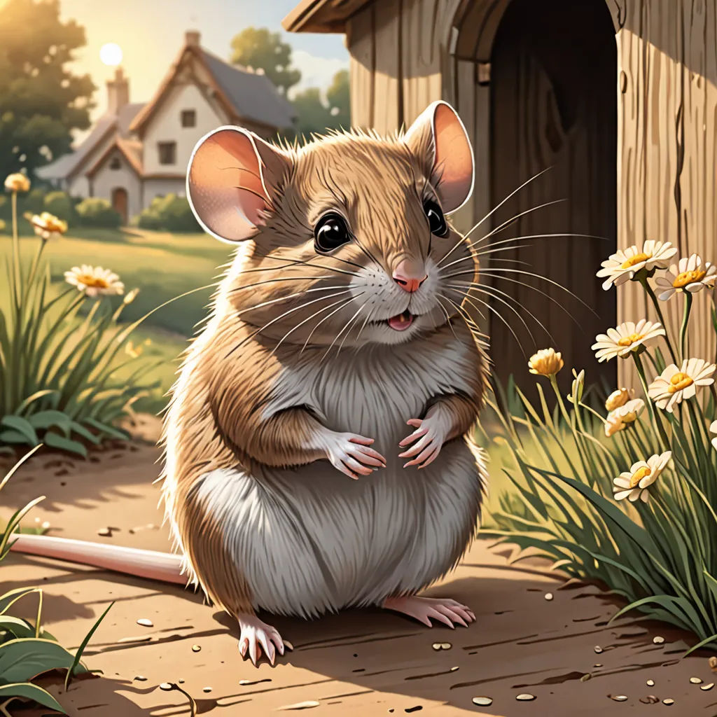 a mouse sitting on a wooden floor next to a house and flowers in the grass and flowers in the grass, furry art, a storybook illustration, Chris LaBrooy, official art