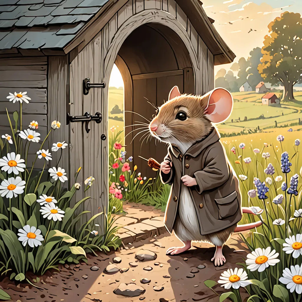 a mouse in a field of flowers near a house with a door open and a person holding a stick, furry art, a storybook illustration, Chris LaBrooy, kinkade