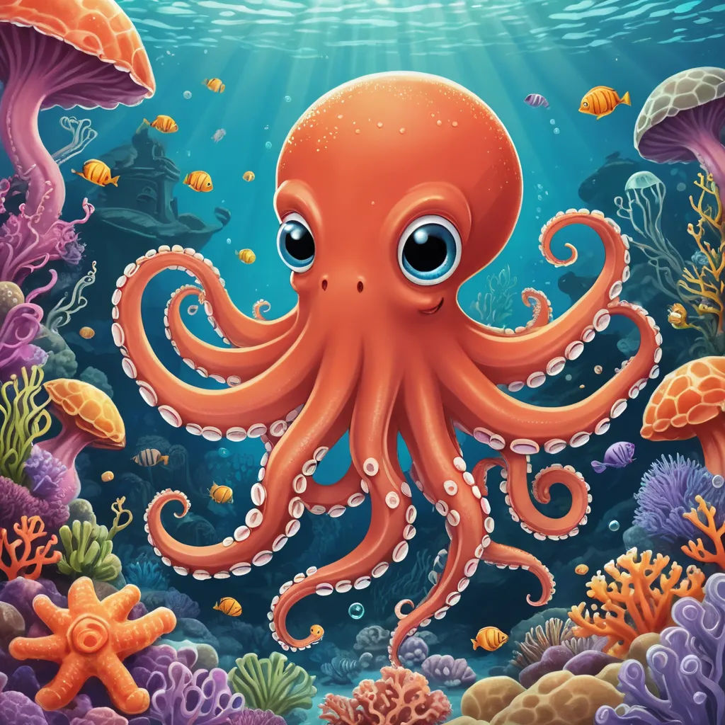 an octopus is swimming in the ocean with many different types of sea life around it and under the water, pop surrealism, a storybook illustration, Diego Gisbert Llorens, highly detailed digital painting