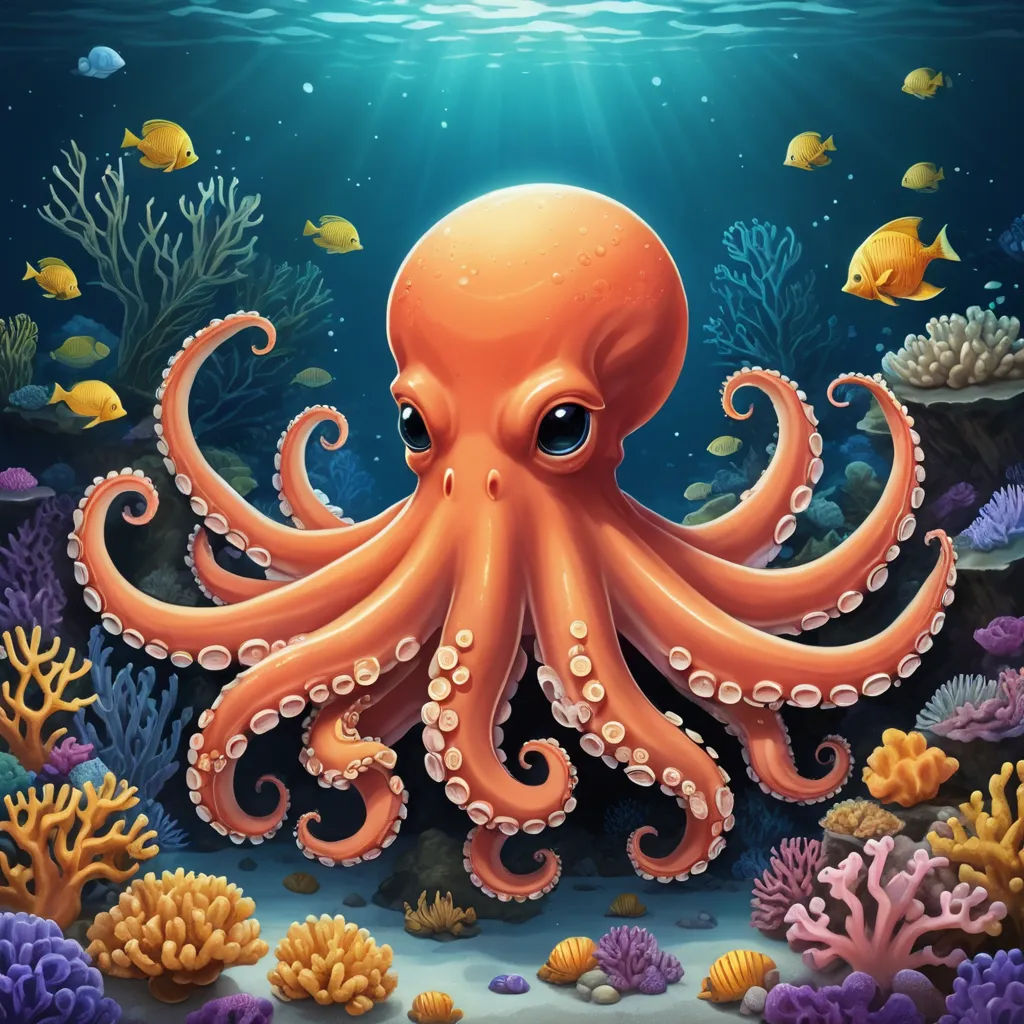 an octopus is swimming in the ocean with corals and other marine life around it illustration by john wylock, pop surrealism, a detailed painting, Dan Mumford, highly detailed digital painting