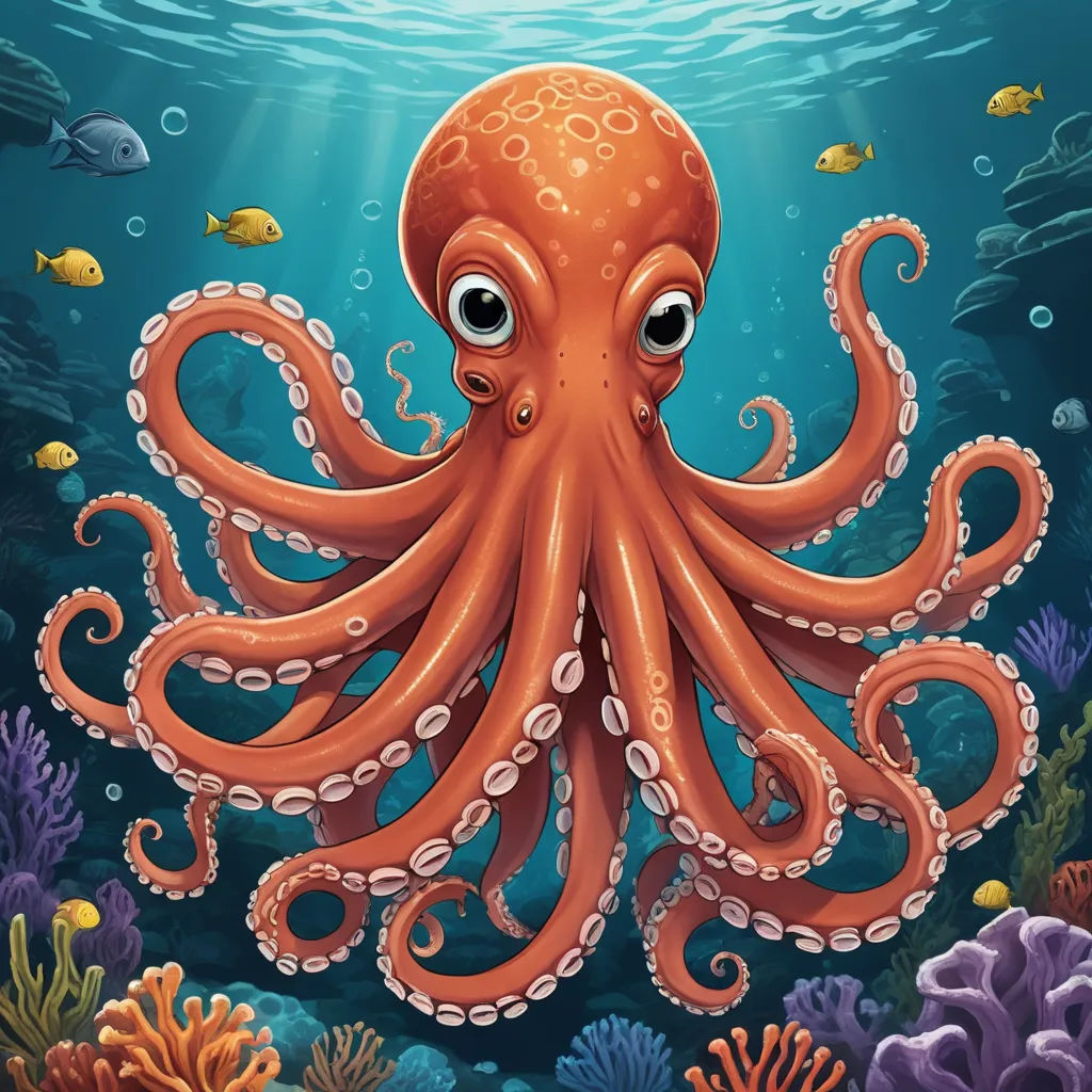 an octopus is swimming in the ocean with fish around it and bubbles of water around it, and a fish is swimming in the water, pop surrealism, a digital painting, Dan Mumford, octopus