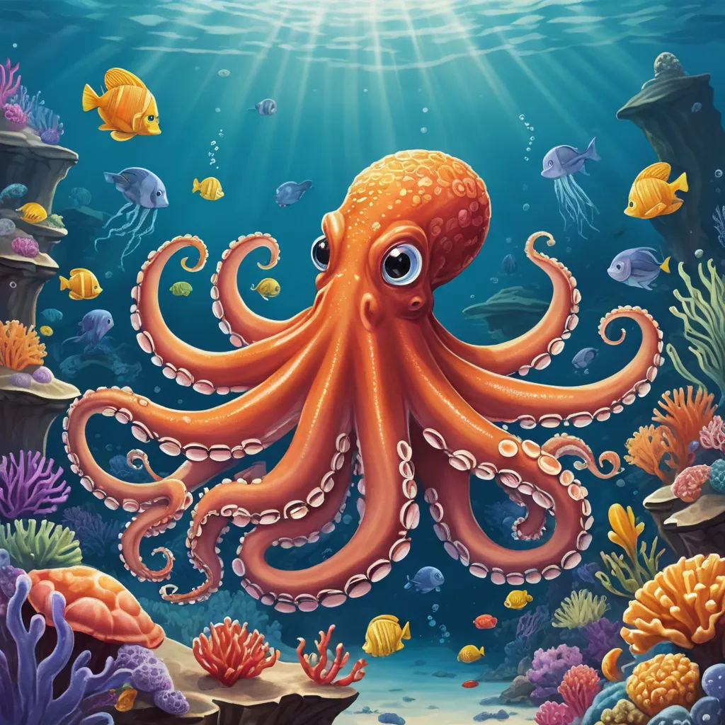 an octopus is swimming in the ocean with other animals around it and a fish in the water behind it, pop surrealism, a storybook illustration, Chris LaBrooy, octopus