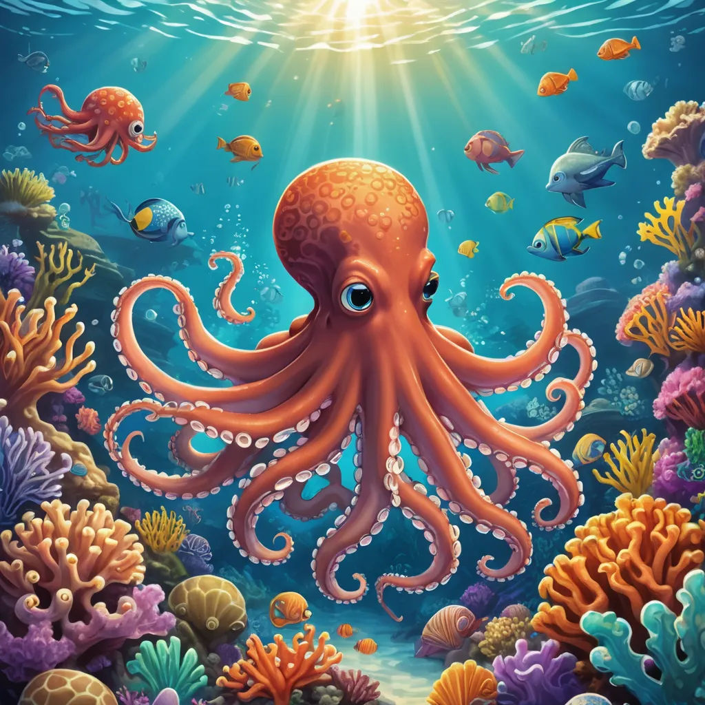 an octopus is swimming in the ocean with other fish and corals around it, and a sunbeam above it, pop surrealism, an airbrush painting, Chris LaBrooy, highly detailed digital painting