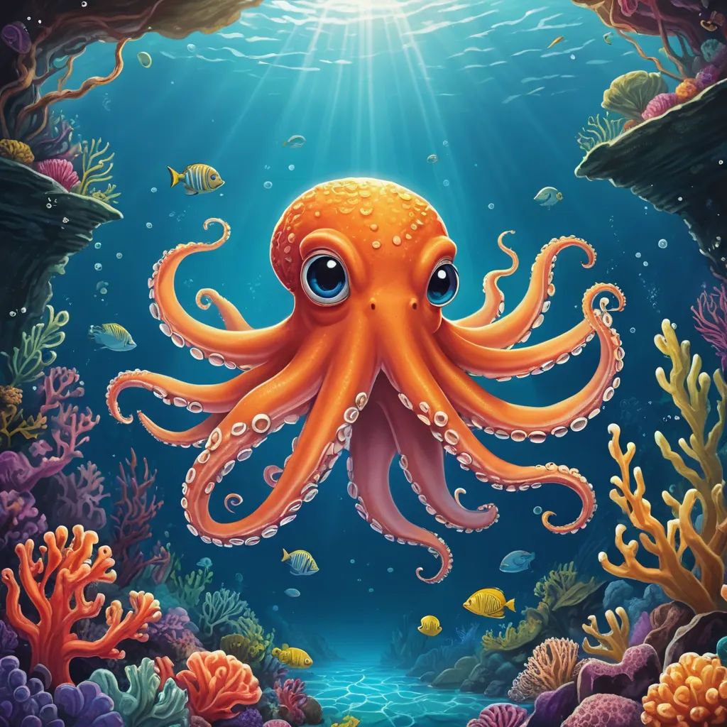 an octopus is swimming in the ocean with a light shining on it's face and head, surrounded by corals and other marine life, pop surrealism, a digital painting, Dan Mumford, highly detailed digital painting