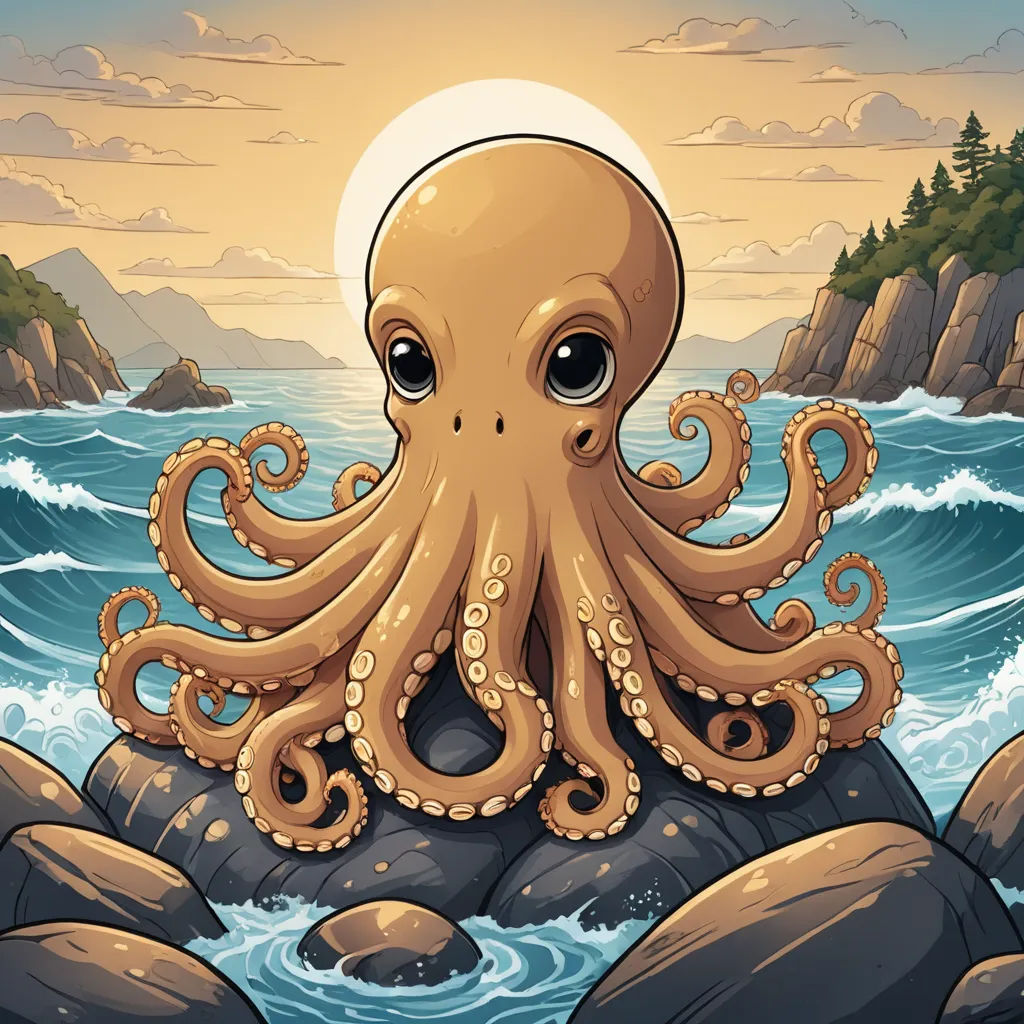 an octopus is sitting on a rock in the ocean with a full moon in the background and a rocky shore, pop surrealism, a character portrait, Cyril Rolando, octopus