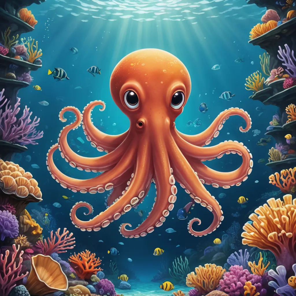 an octopus swimming in the ocean with corals and other marine life around it illustration by alex krawc, pop surrealism, an airbrush painting, Chris LaBrooy, highly detailed digital painting