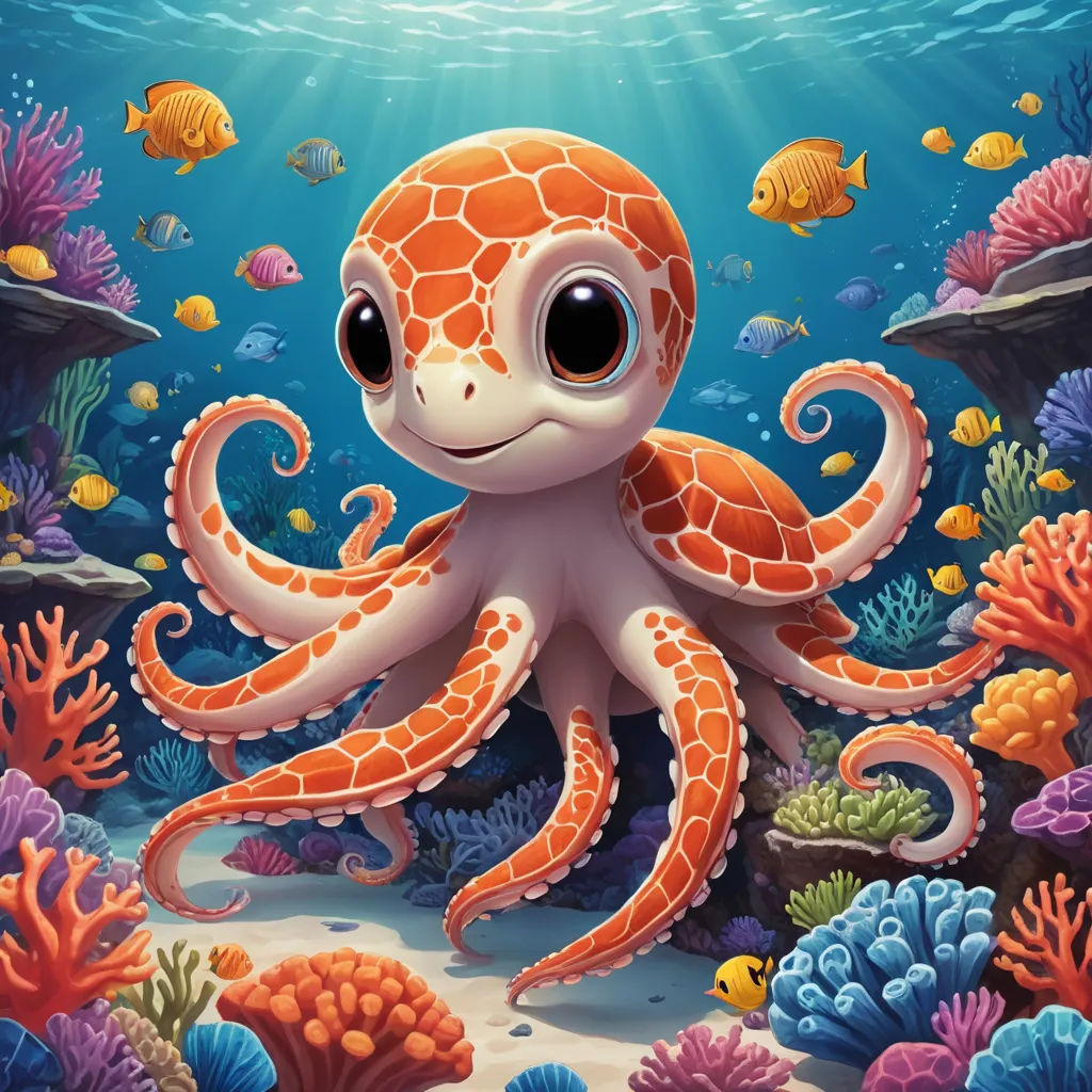 a cartoon octopus with big eyes sitting on a coral reef with fish and corals around it, with a sunbeam in the background, pop surrealism, an airbrush painting, Chris LaBrooy, highly detailed digital painting